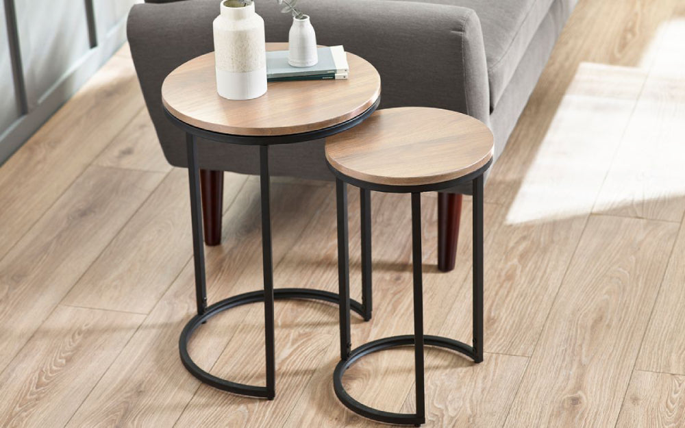 Beca Round Nesting Side Tables Sonoma Oak with Sofa and Vase in Living Room Setting