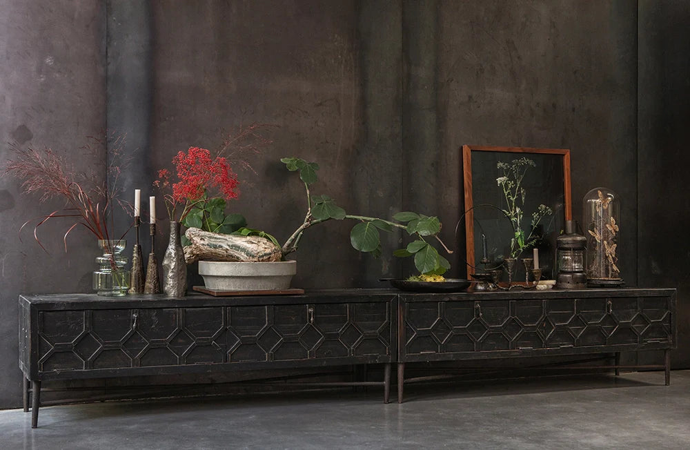 Bella TV Unit with Dried Plant and Antique Vase in Living Room Setting