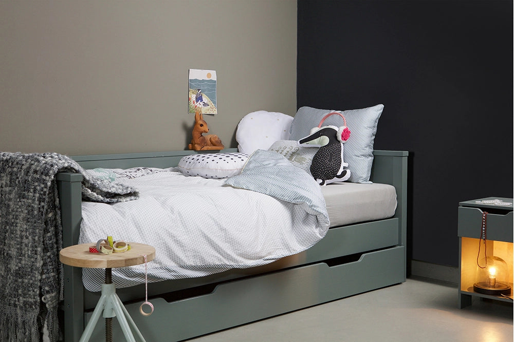 Bonn Sofabed Jade Green with Mattress and Pillows and Small Stool in Bedroom Settings