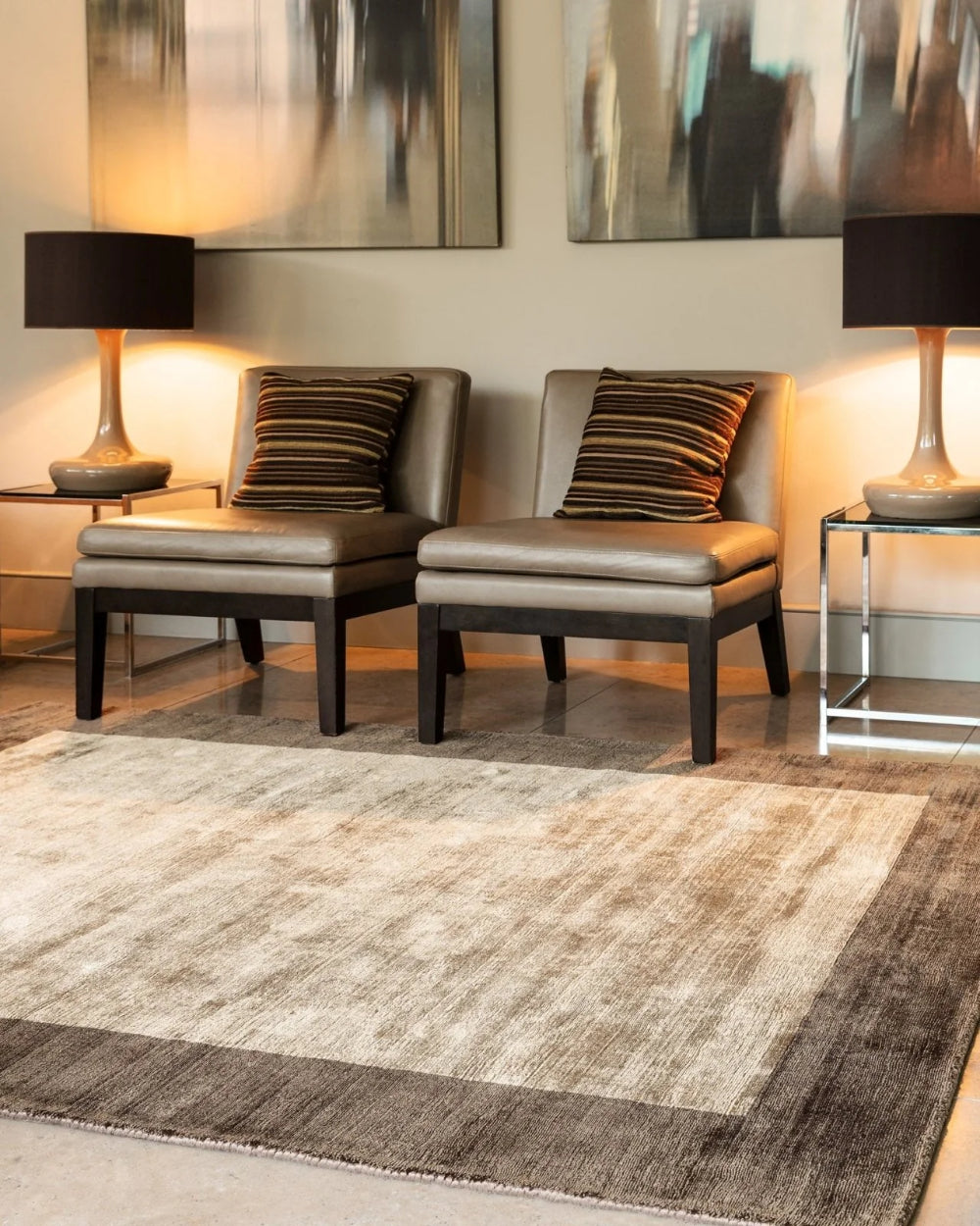 Bonnie Hand Woven Floor Rug in Mocha Finish with Lounge Chair and Lampshade in Living Room Setting