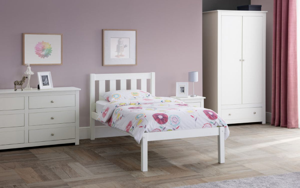 Bradley Bedside Table in White Finish with Wardrobe and Lampshade in Bedroom Setting
