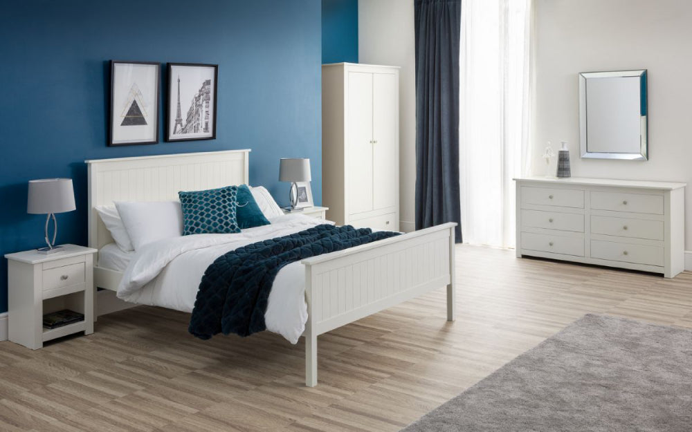 Bradley Bedside Table in White Finish with Wardrobe and Mirror in Bedroom Setting