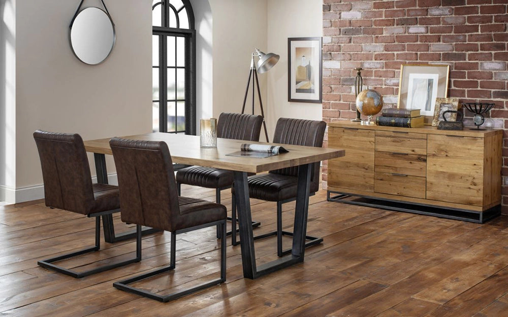 Bronx Dining Table in Oak Finish with Bronx Dining Chair and Wooden Cabinet in Dining Setting 2