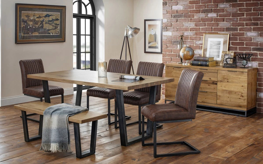 Bronx Dining Table in Oak Finish with Bronx Dining Chair and Wooden Cabinet in Dining Setting