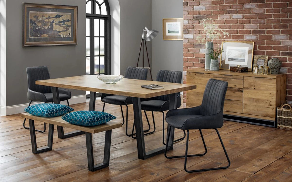 Bronx Dining Table in Oak Finish with Grey Fabric Chair and Wooden Bench in Dining Setting