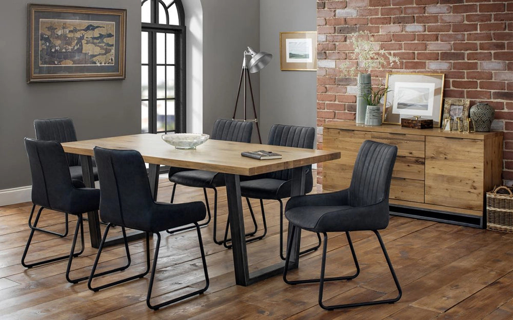 Bronx Dining Table in Oak Finish with Grey Fabric Chair and Wooden Cabinet in Dining Setting