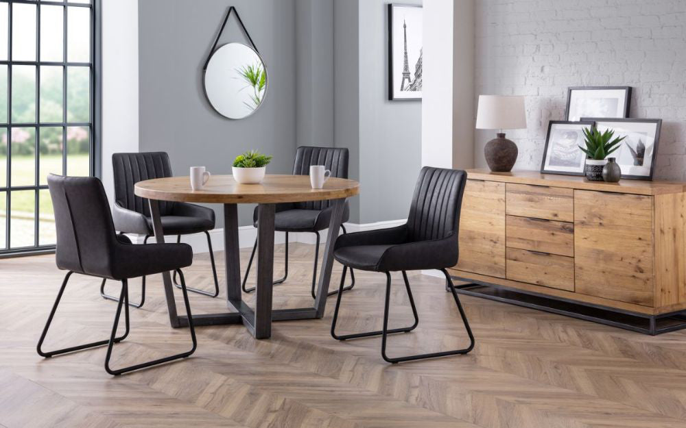 Bronx Round Dining Table Oak with Lampshade and Sideboard in Dining Setting