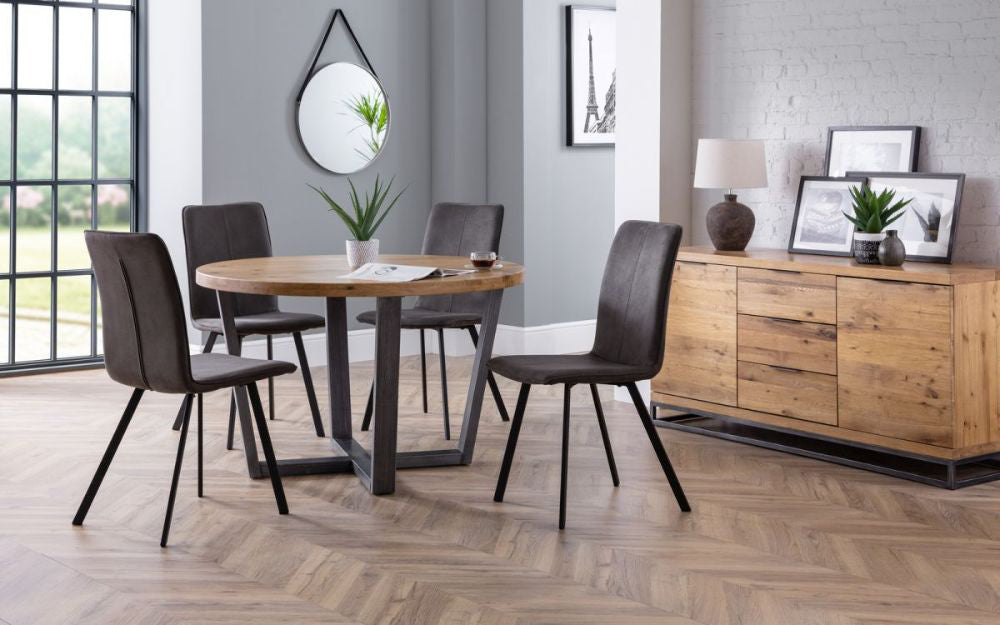 Bronx Round Dining Table Oak with Round Mirror and Sideboard in Dining Setting