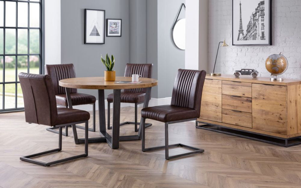 Bronx Round Dining Table Oak with Sideboard and Leather Chair in Dining Setting