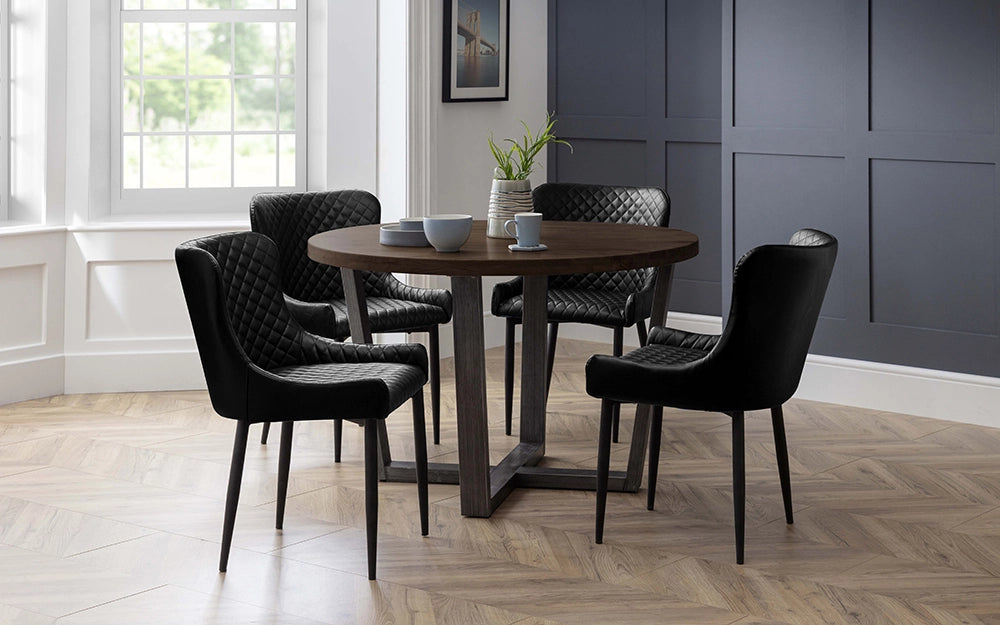 Bronx Round Dining Table in Dark Oak Finish with Padded Leather Chairs in Dining Setting 2