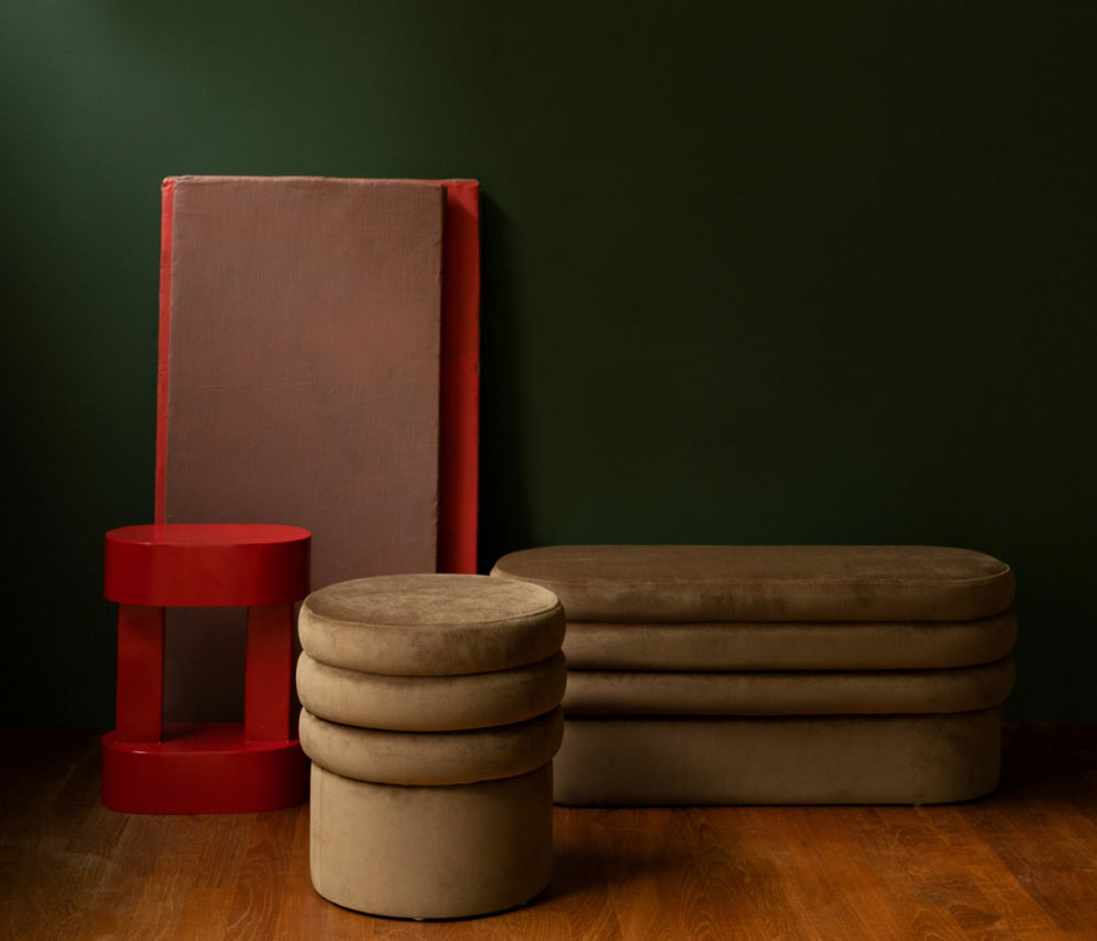 Brown Lounge Bench with Pouffe in Breakout Setting