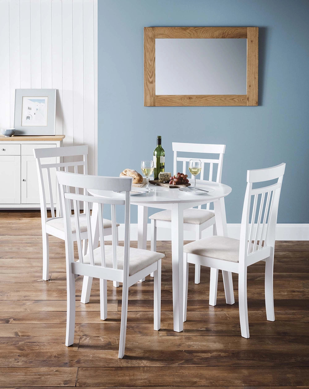 Burren Dining Chair in White Finish with Wooden Table and Cabinet in Dining Setting