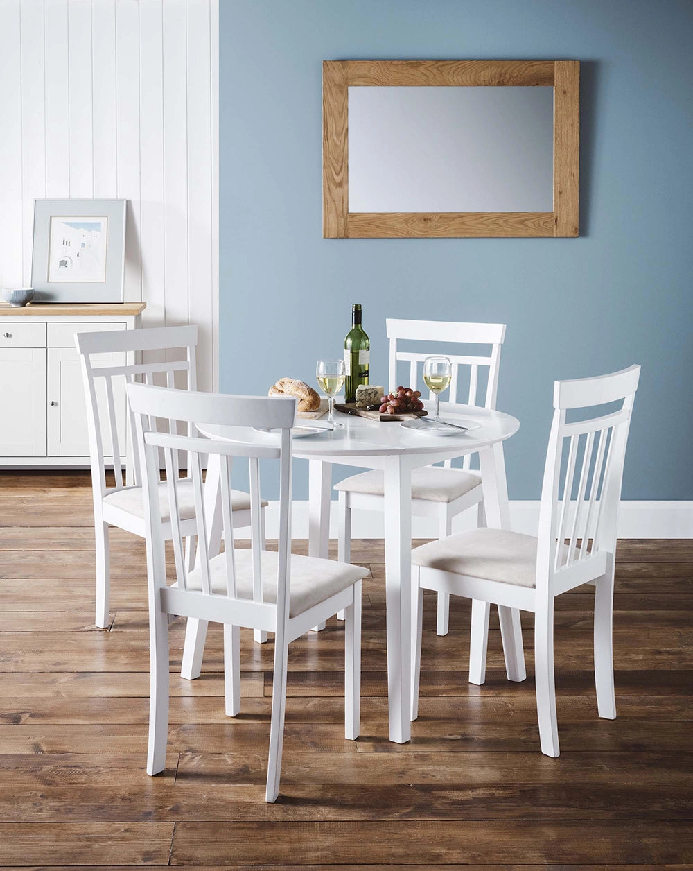 Burren Dining Chair in White Finish with Wooden Table and Cabinet in Dining Setting 2