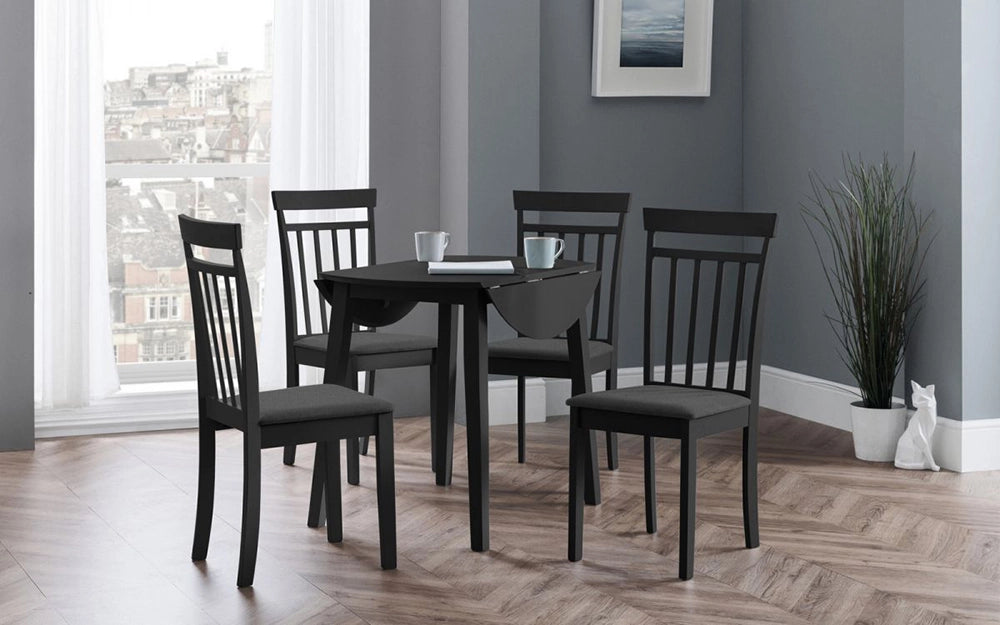 Burren Dropleaf Table in Black Finish with Burren Dining Chair Black and Indoor Plant in Dining Setting