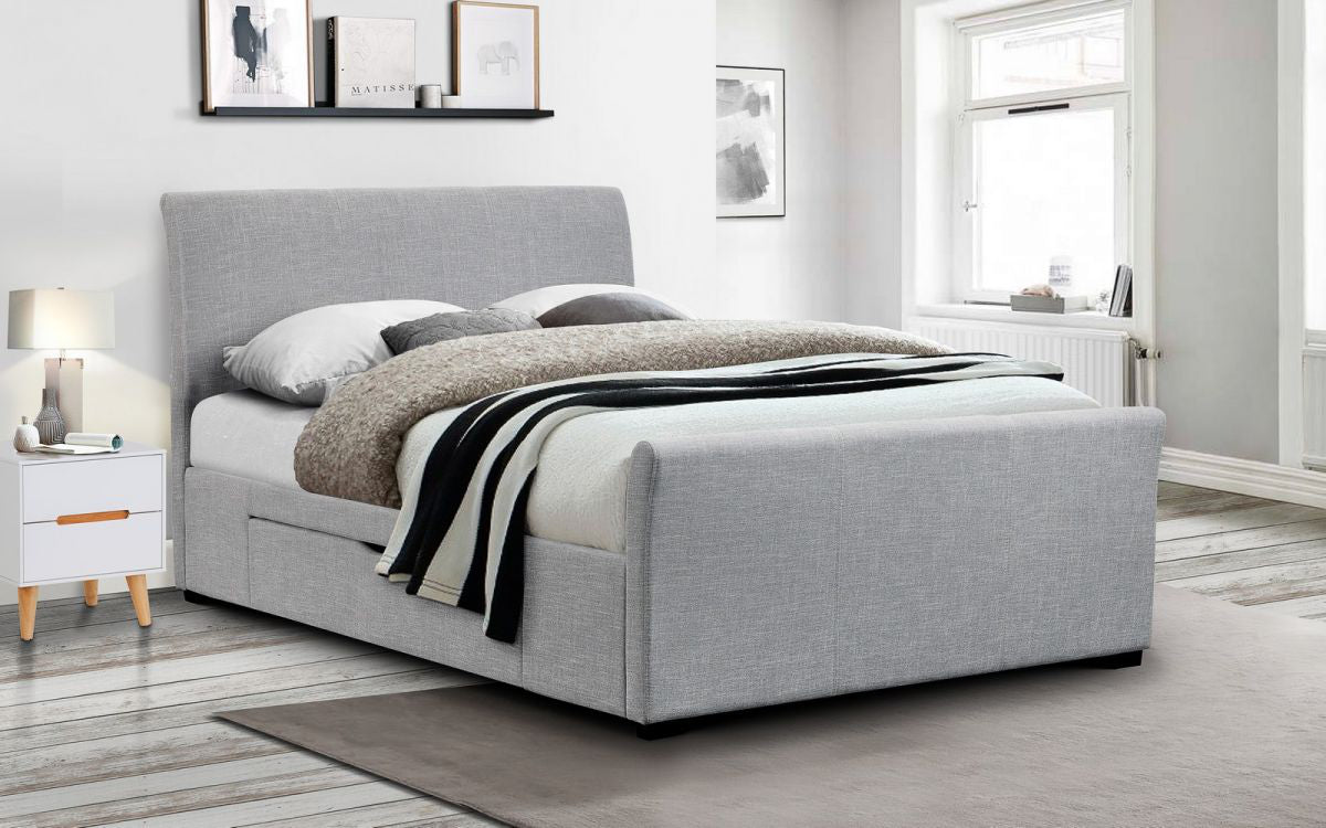 Callan Bed Frame in Light Grey Finish with Side Table in Bedroom Setting