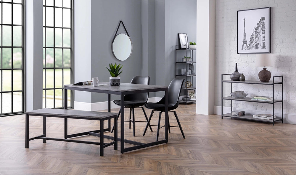 Cari Dining Chair in Black Finish with Bench and Rectangular Marble Table in Living Room Setting