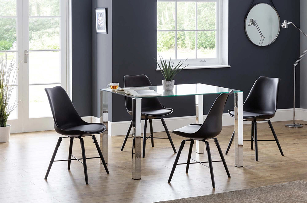 Cari Dining Chair in Black Finish with Rectangular Glass Top Table and Round Mirror in Living Room Setting