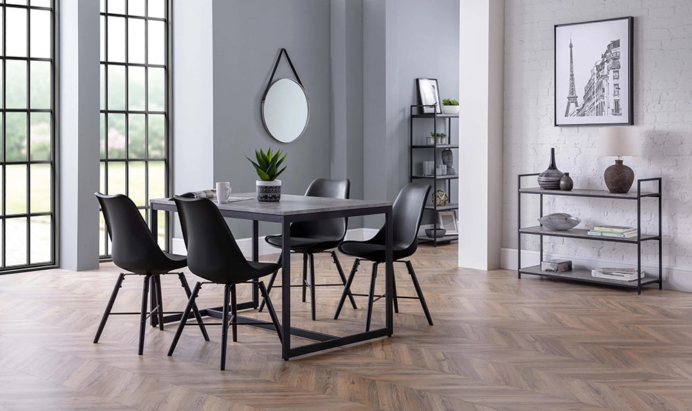 Cari Dining Chair in Black Finish with Round Mirror and Rectangular Marble Table in Living Room Setting