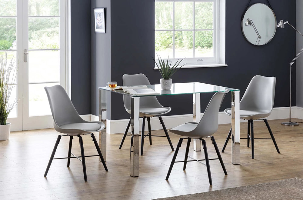 Cari Dining Chair in Grey Finish with Rectangular Glass Top Table and Round Mirror in Living Room Setting
