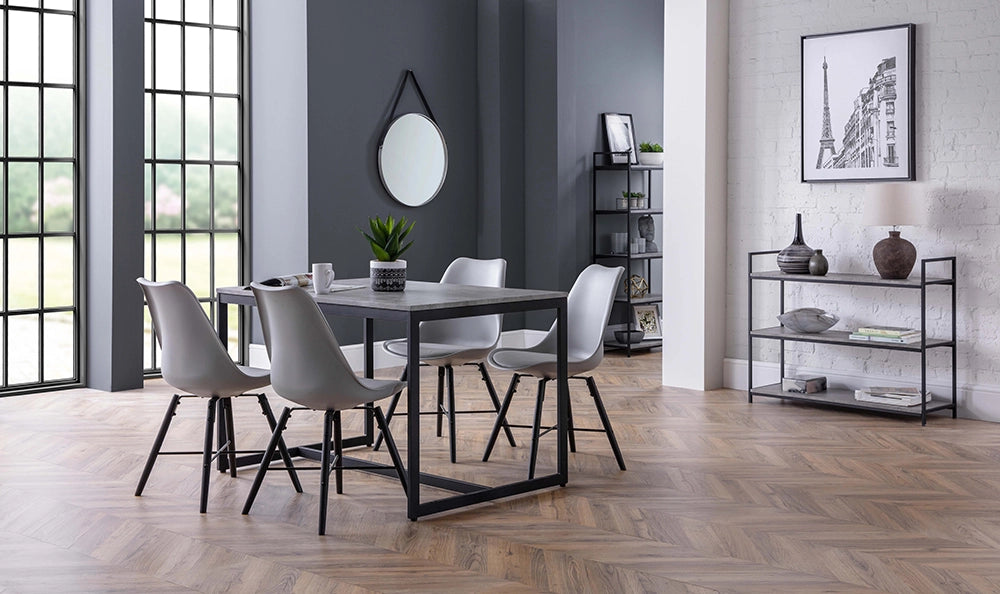 Cari Dining Chair in Grey Finish with Round Mirror and Rectangular Marble Table in Living Room Setting