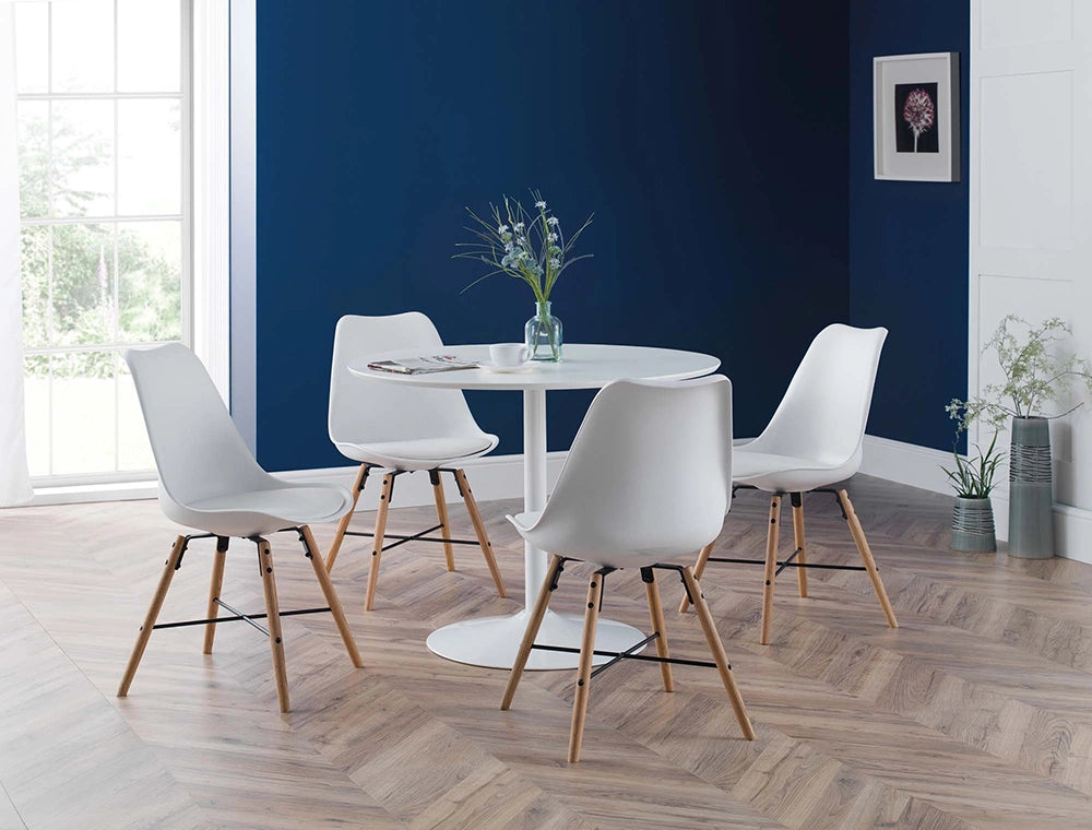 Cari Dining Chair in White Finish with Round Top Table and Wall Frame in Breakout Setting