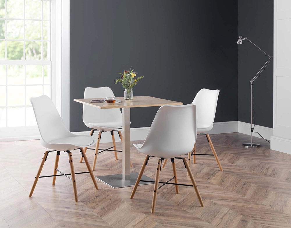 Cari Dining Chair in White Finish with Square Wooden Top Table and Aluminium Standing Lamp in Living Room Setting