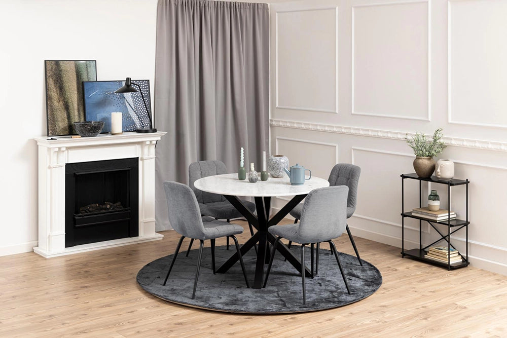 Carrie Dining Chair in Grey Finish with Round Top Table and Black Table Lamp in Living Room Setting