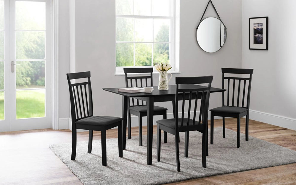 Cassie Extending Dining Table in Black Finish with Round Hanging Mirror and Wooden Chair in Dining Setting