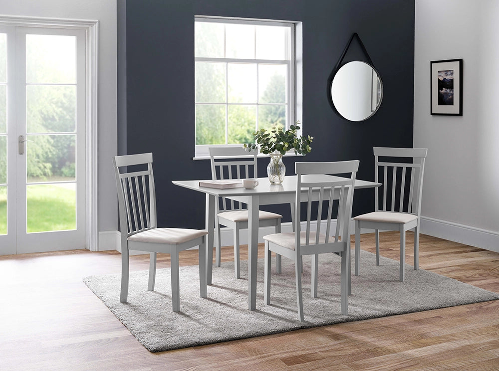 Cassie Extending Dining Table in Grey Finish with Round Hanging Mirror and Wooden Chair in Dining Setting