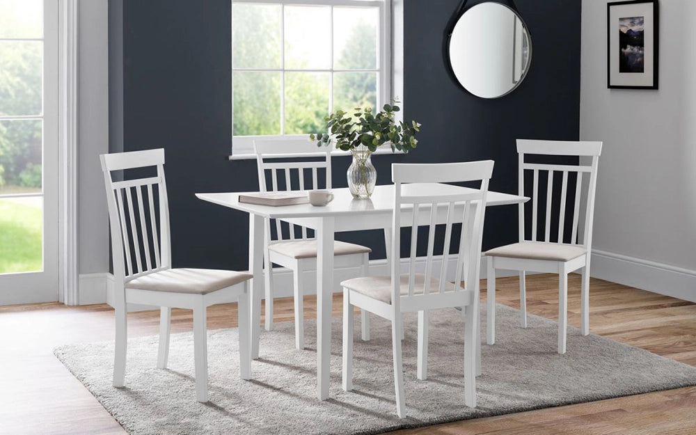 Cassie Extending Dining Table in White Finish with Round Hanging Mirror and Wooden Chair in Dining Setting