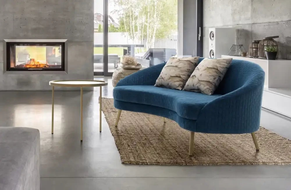 Casual Solutions Moon 3-Seater Sofa 7 in Blue with Printed Throw Pillows and Round Side Table in Living Room Settings