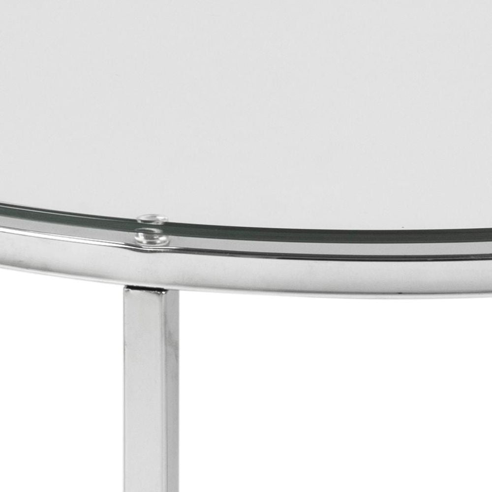 Cato Side Table Clear Tempered Glass and Chrome Top Detail