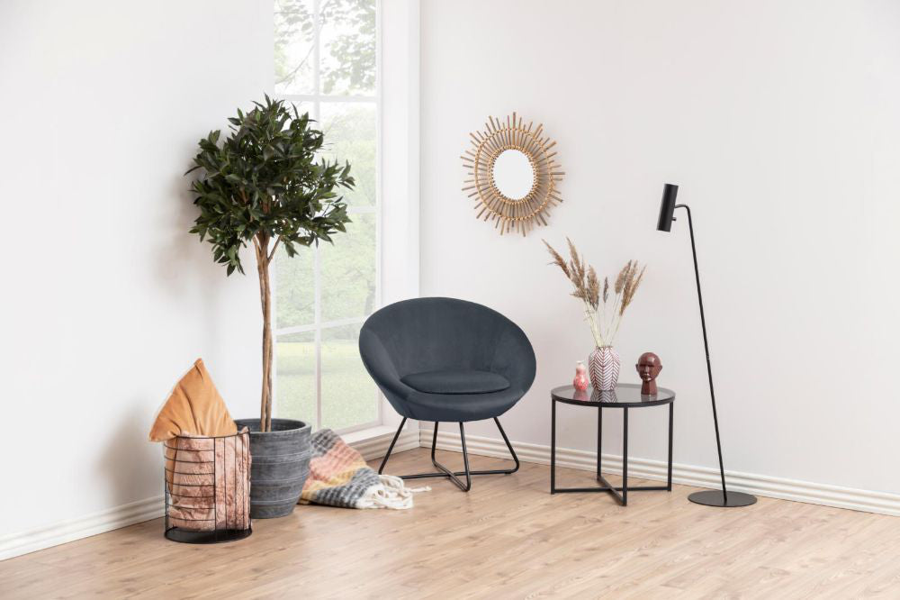 Cato Side Table in Smoke Tempered Glass and Black Finish with Lounge Chair and Indoor Plant in Living Room Setting