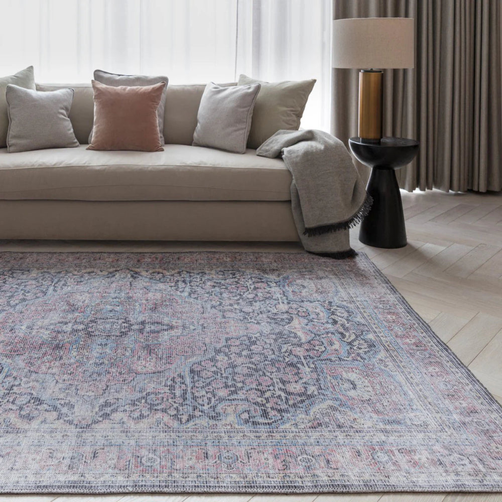 Cayen Rana Vintage Rug with Sofa and Lampshade in Living Room Setting