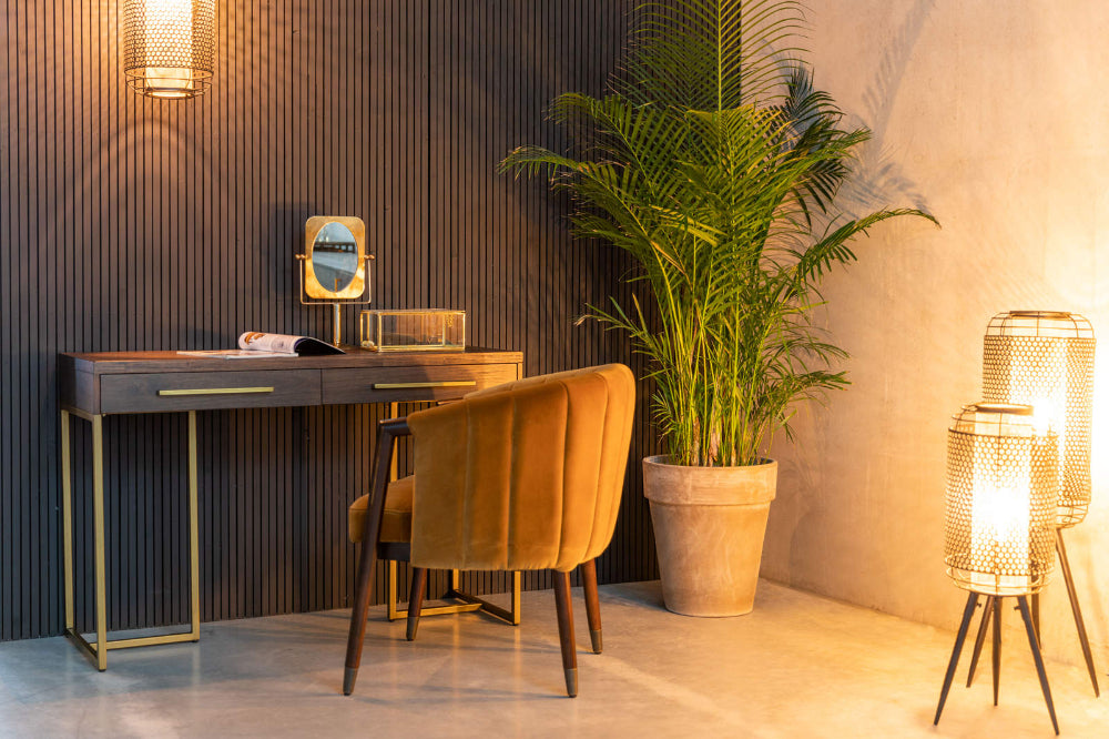Cedar Hall Console Table with Floor Lamp and Lounge Chair in Living Room Setting