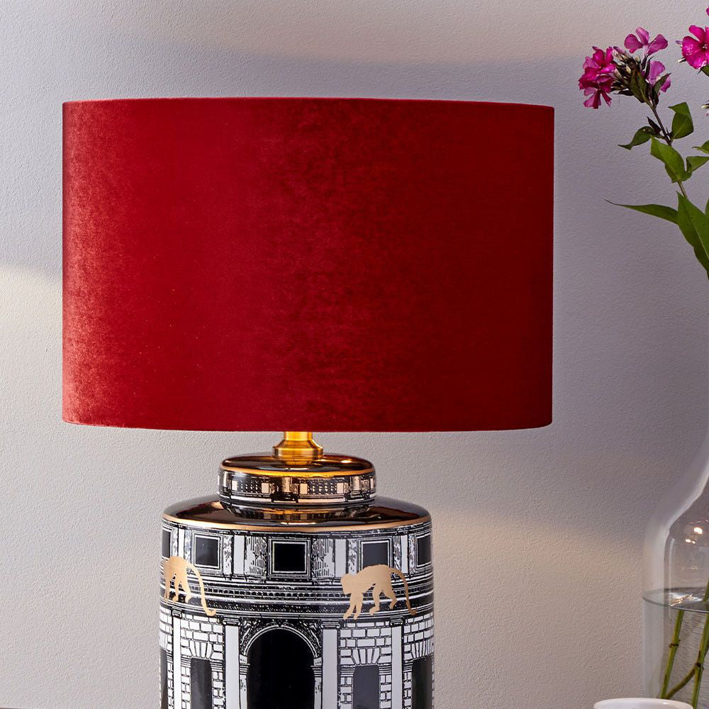 Ceiling Cyliner Shade in Red Finish with Flowers in Living Room Setting