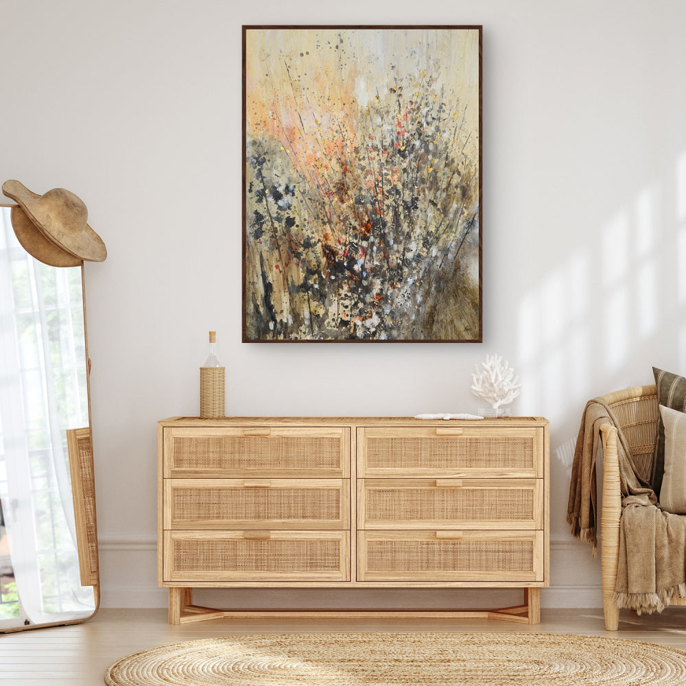 Celeste Textured Wall Art with Chest Drawer in Living Room Setting