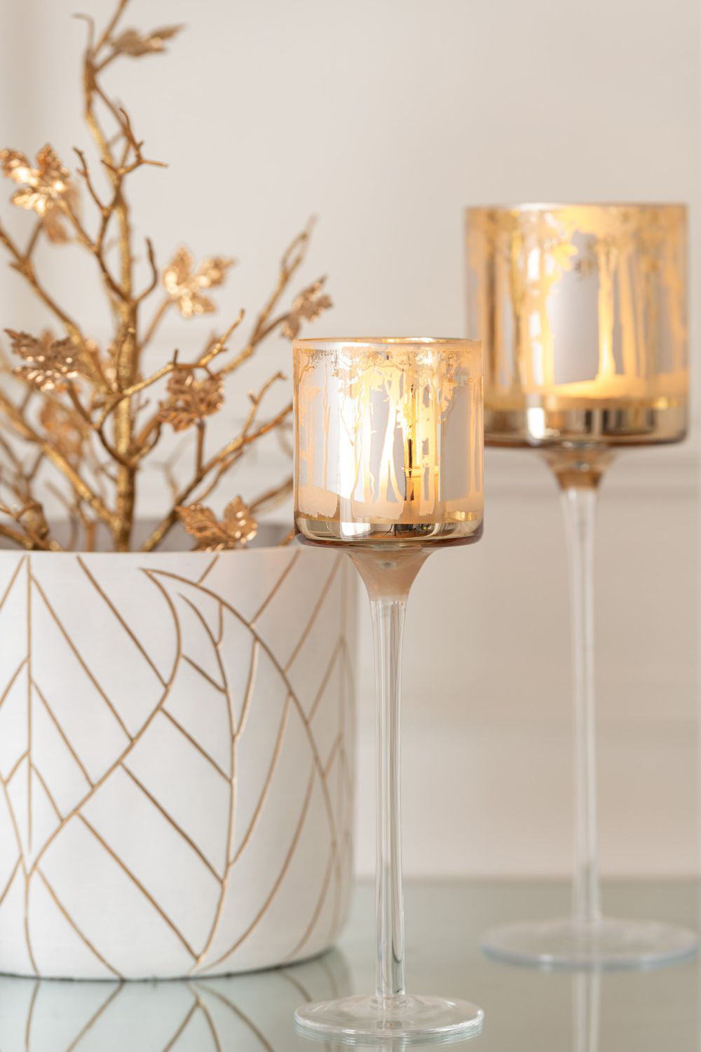 Ceramic Leaf White and Gold Flowerpot with Candle Holder in Living Room Setting