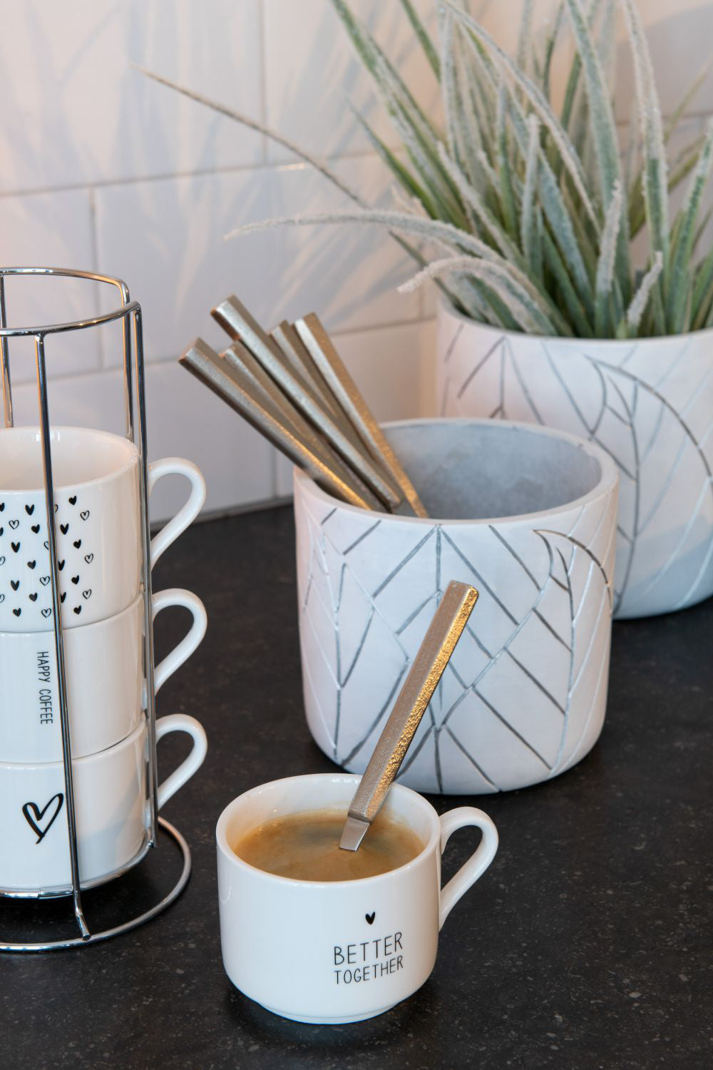 Ceramic Leaf White and Silver Flowerpot with Cup and Spoon in Kitchen Setting