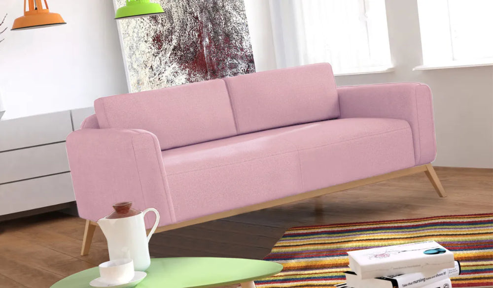 Chase 3 Seater Sofa in Pink Finish with Coffee Table and Floor Rug in Living Room Setting