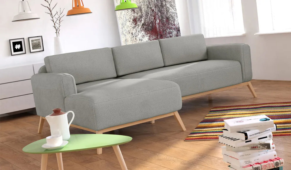 Chase Corner Sofa in Light Grey Finish with Coffee Table and Floor Rug in Living Room Setting