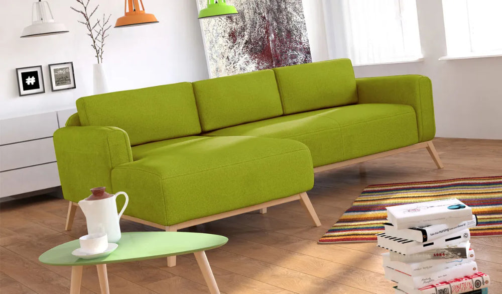 Chase Corner Sofa in Lime Finish with Coffee Table and Floor Rug in Living Room Setting