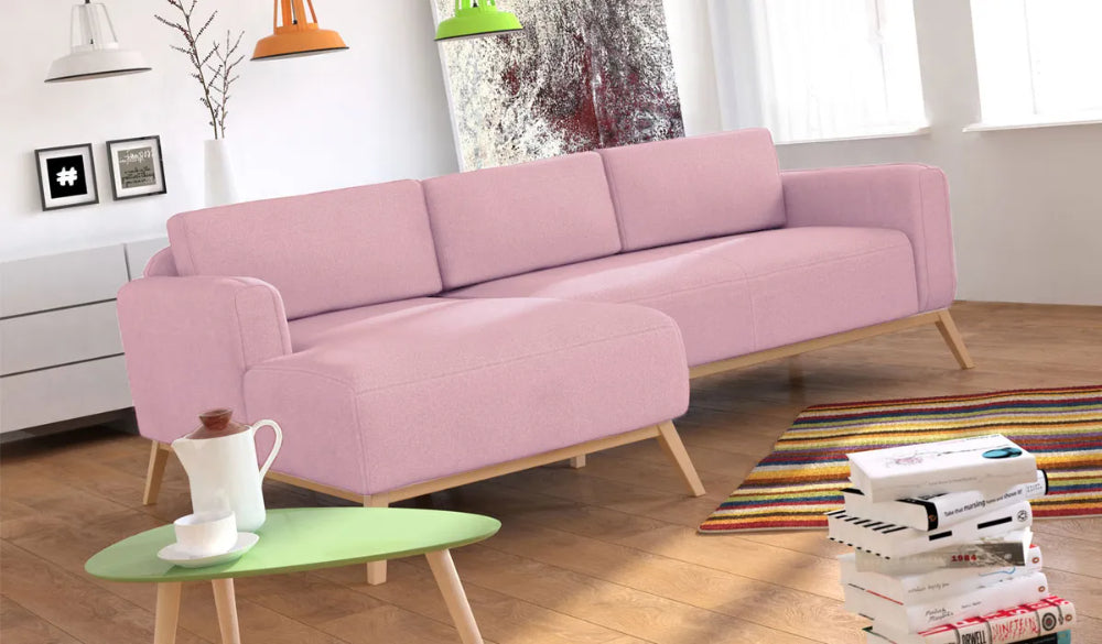 Chase Corner Sofa in Purple Finish with Coffee Table and Floor Rug in Living Room Setting