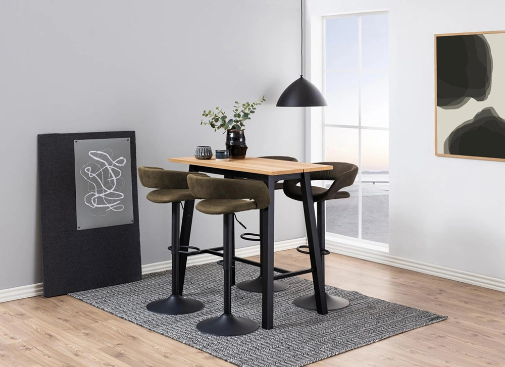 Cher Rectangular Top Bar Table in Oak Oiled Finish with Upholstered Stool and Wall Frame in Breakout Setting