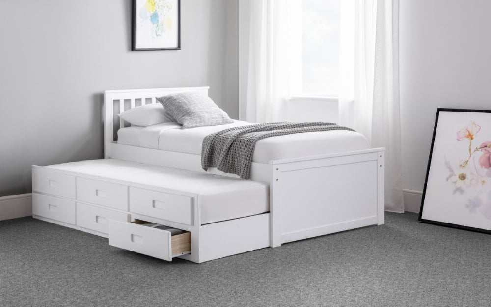 Cian Day Bed White with Pillows and Wall Art in Bedroom Setting