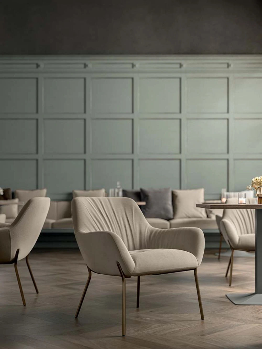 City Deco Armchair With 4 Deco Legs In Off White With White Sofa In Reception Area
