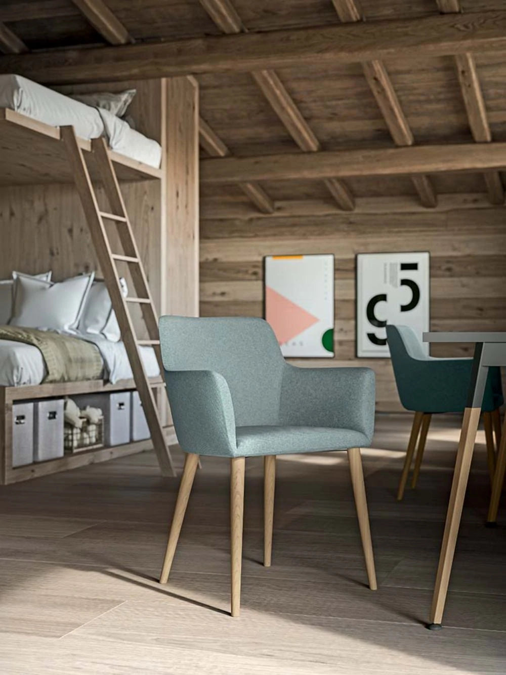 City Design Balance Dining Chair in Light Grey with Bunk Bed and Wooden Table in Bedroom Setting