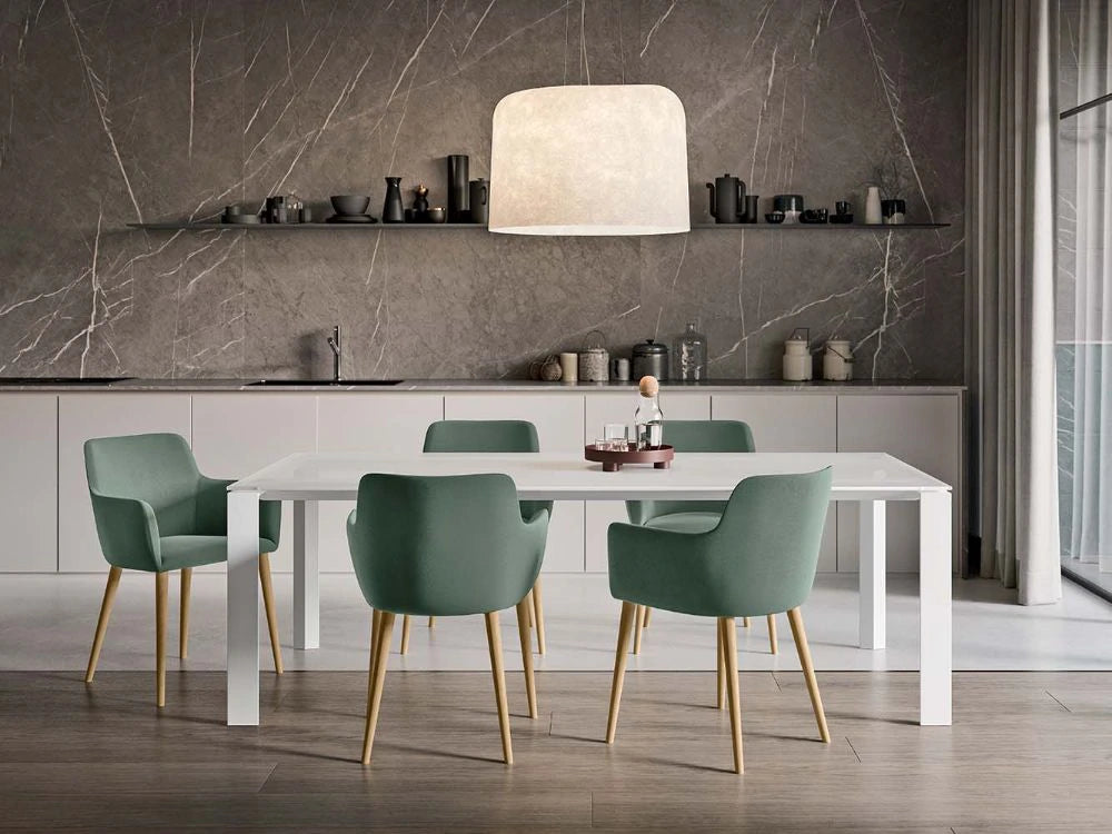 City Design Balance Dining Chair with Wooden Legs in Green with White Table in Dining Area