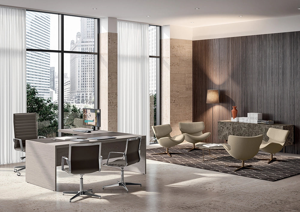 Cleopas Armchair with Round Coffee Table and Brown Boardroom Chair in Office Setting