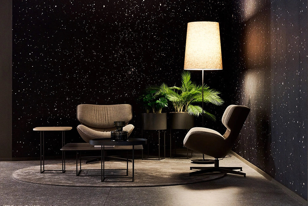 Cleopas Seating with Standing Lamp and Black Square Coffee Table in Living Room Setting